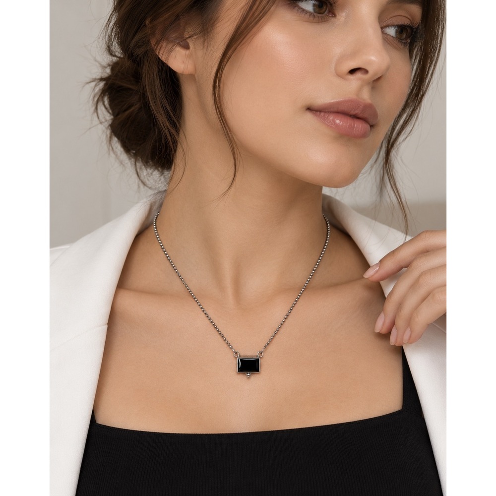 CDI Sterling Silver 925 Black Onyx Pendant Necklace Ball Chain Modernist Vintage